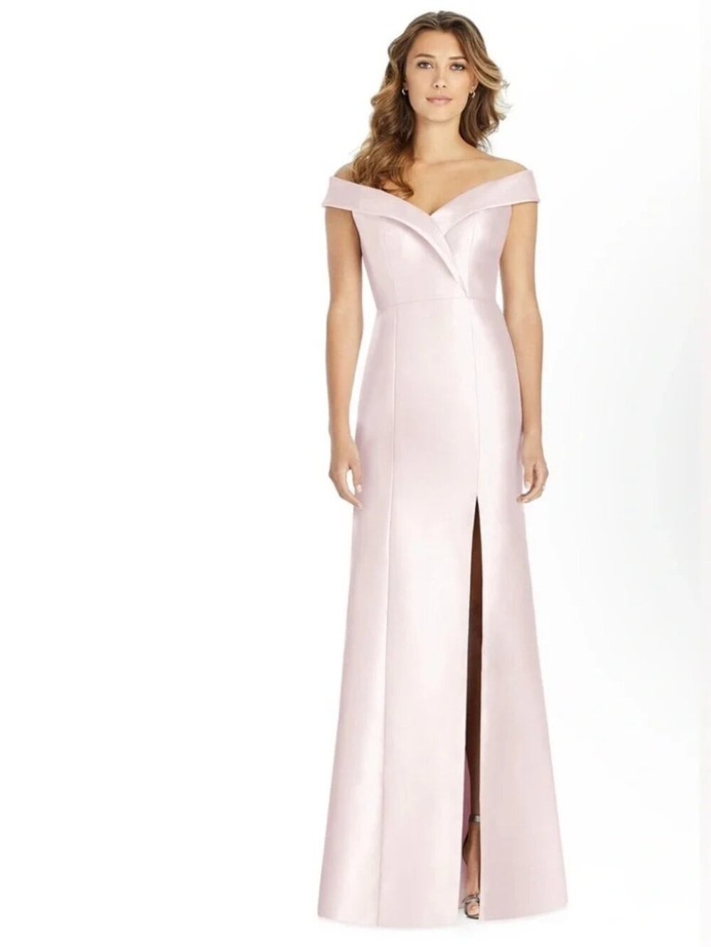 Alfred Sung D760 Satin Off-Shoulder Gown, Blush Pink